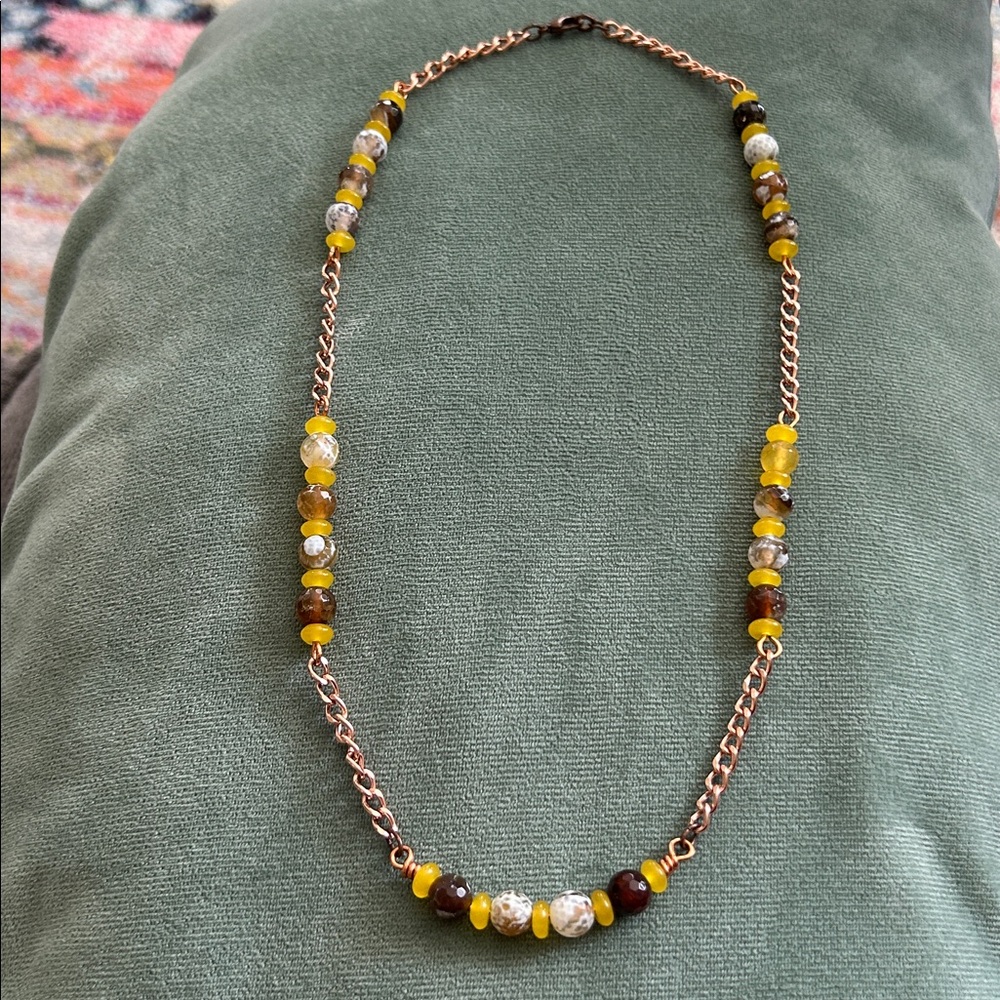 Yellow Brown and White Agate Beaded Necklace with Copper Chain